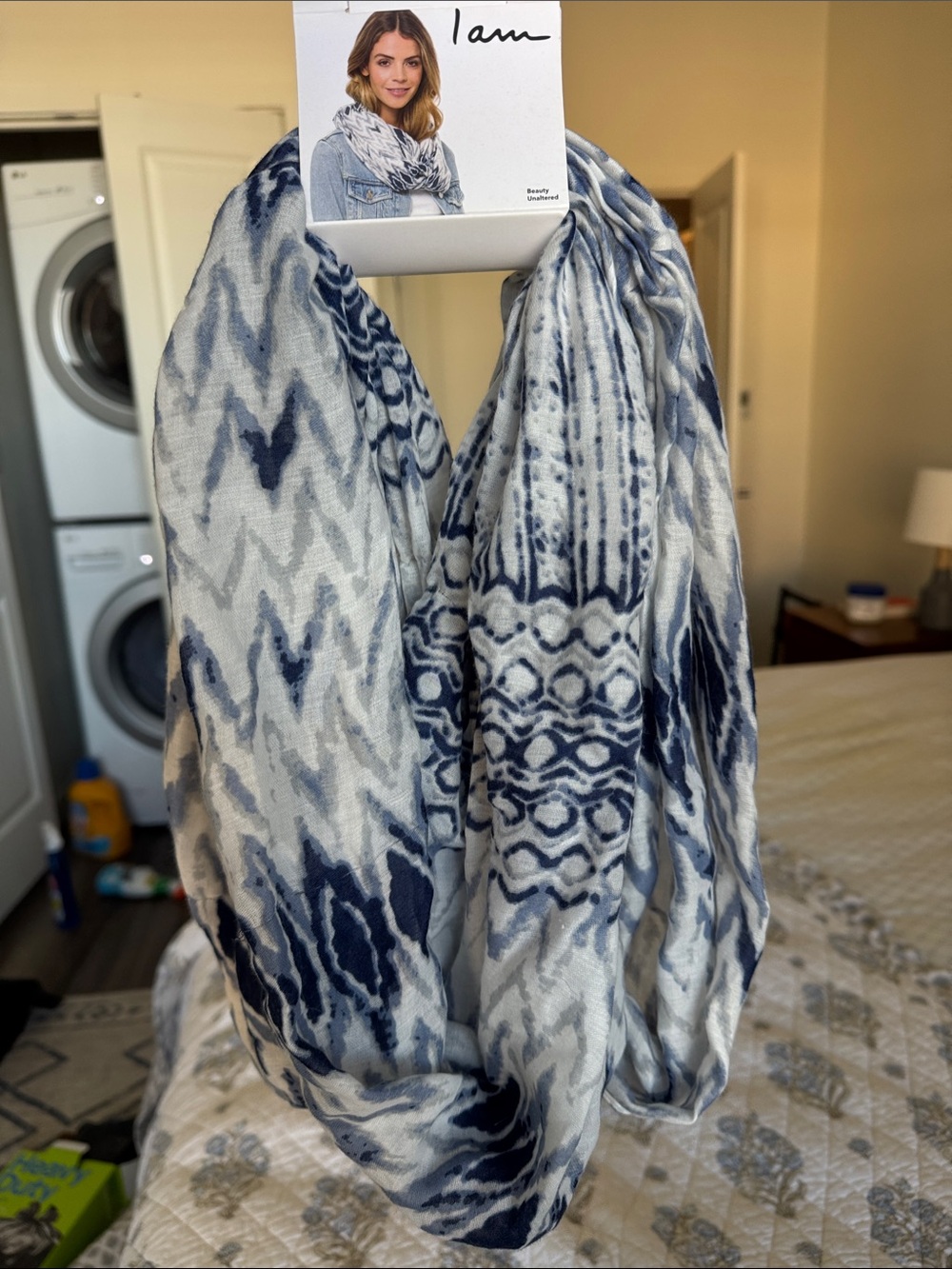 I Am Blue & White Patterned Infinity Scarf - Lightweight Home Accent - Picture 3 of 3